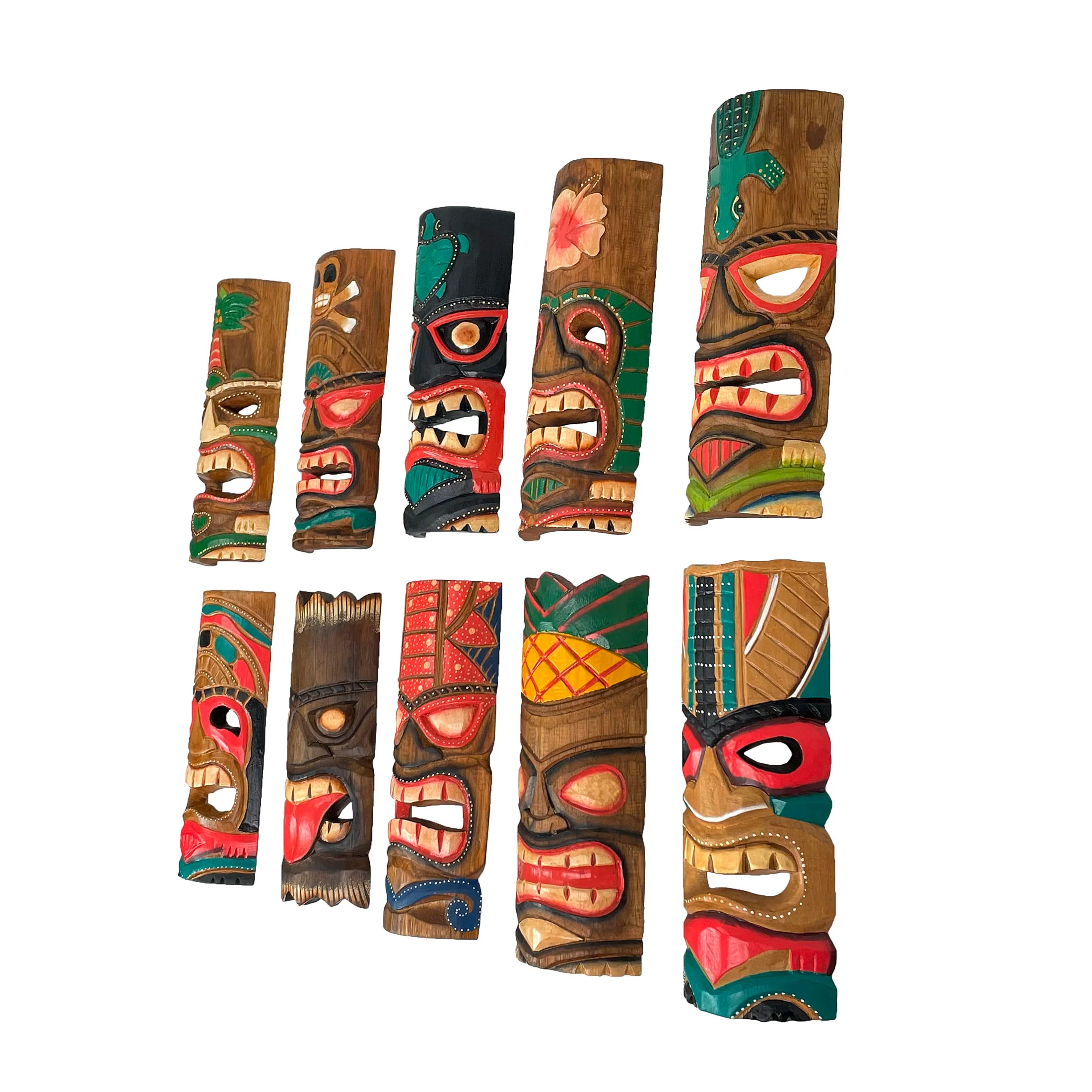 Set of 10 Hand-Carved Tropical Island Style Tiki Masks Decorative Wall Hangings 12 Inches High - Image 6