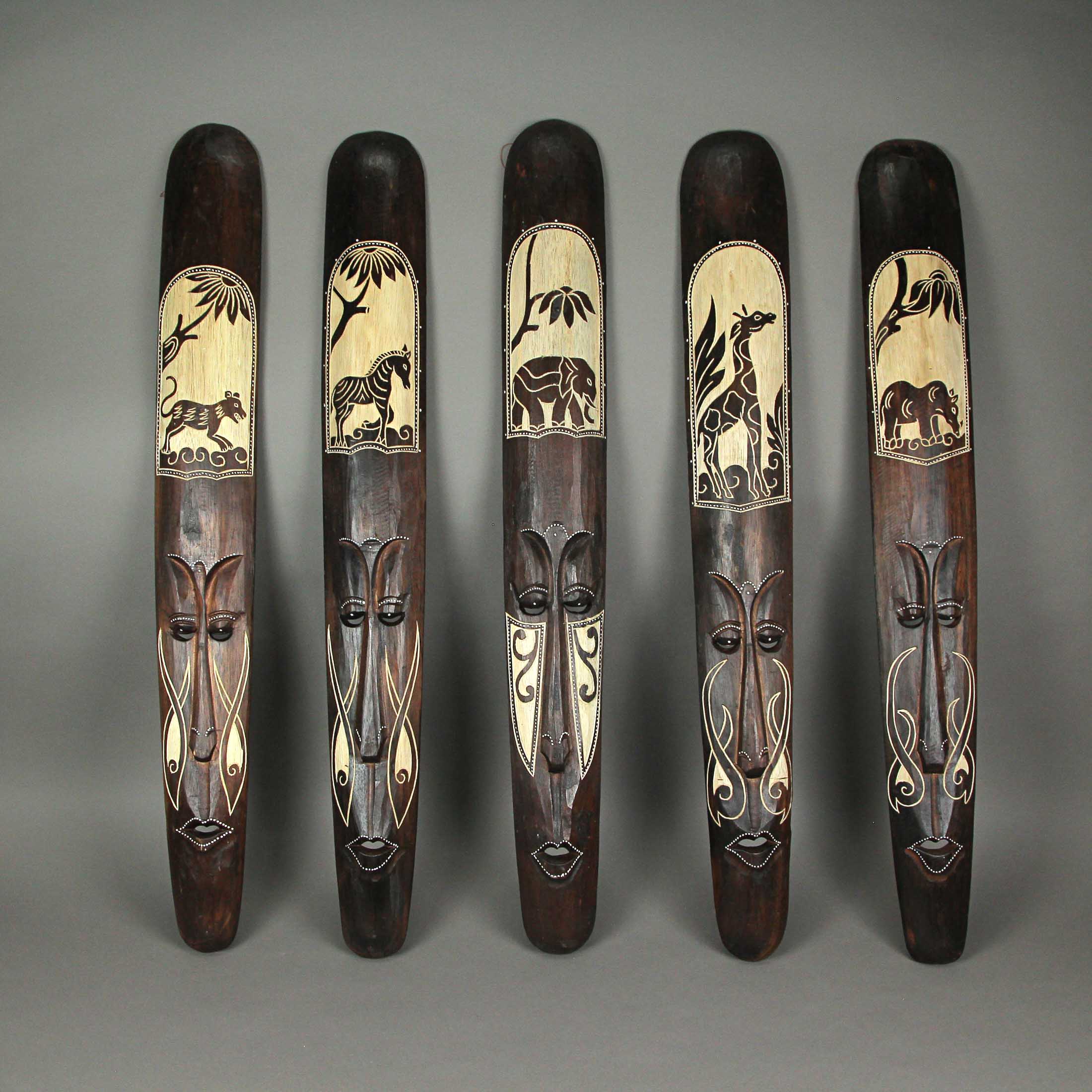 Set of Five 39 Inch Hand Carved African Style Decorative Tribal Masks Wall Decor - Image 4