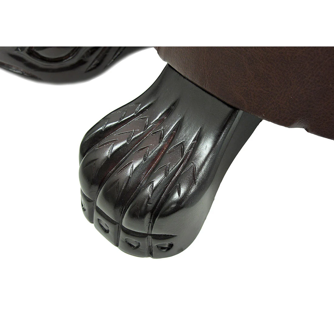 Elegant Wooden Walnut Finish Brown Turtle Animal Shaped Ottoman Foot Stool - Faux Leather Ottoman Brass Tack Accents - Image 3