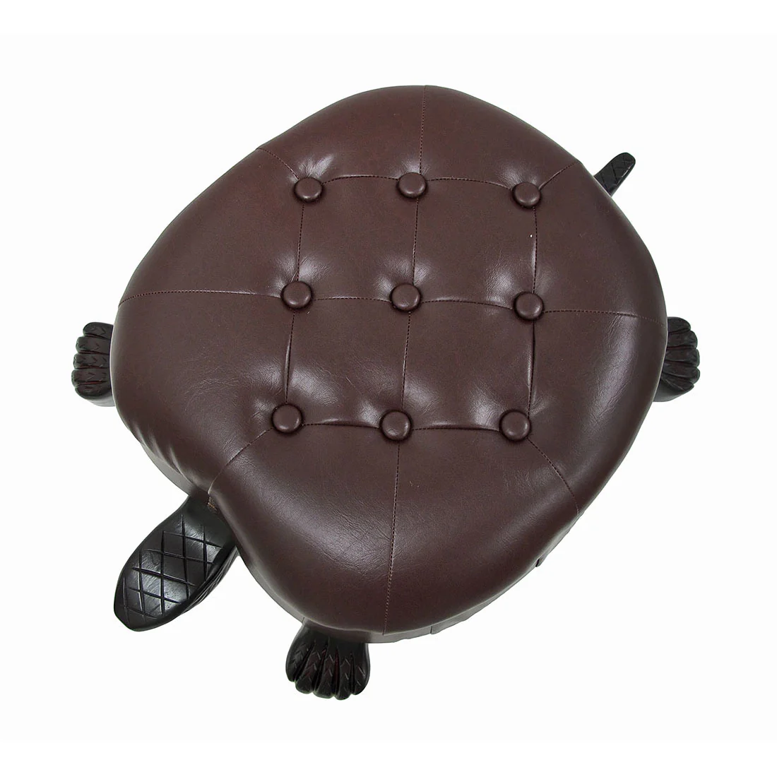 Elegant Wooden Walnut Finish Brown Turtle Animal Shaped Ottoman Foot Stool - Faux Leather Ottoman Brass Tack Accents - Image 4