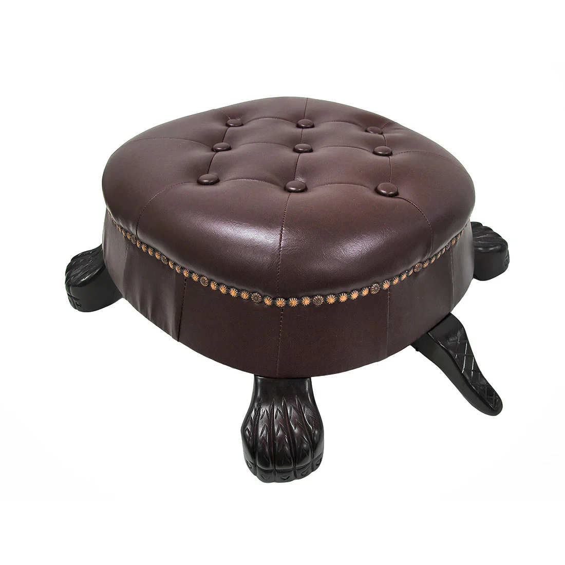 Elegant Wooden Walnut Finish Brown Turtle Animal Shaped Ottoman Foot Stool - Faux Leather Ottoman Brass Tack Accents - Image 5