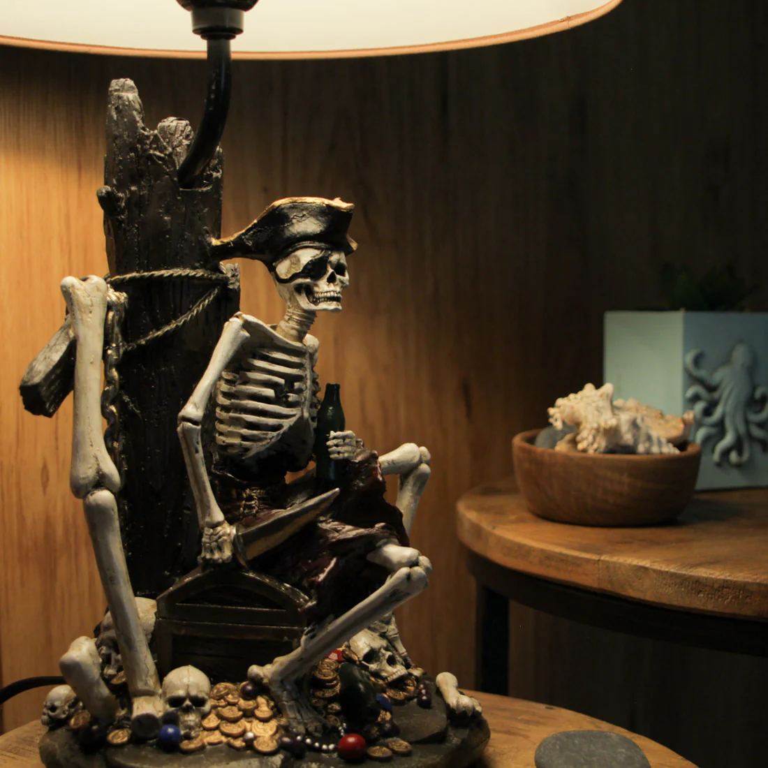 21 Inches Pirate Skeleton Caribbean Table Lamp With Treasure Map Shade Nautical Desk Light Beach Home Decor - Image 5