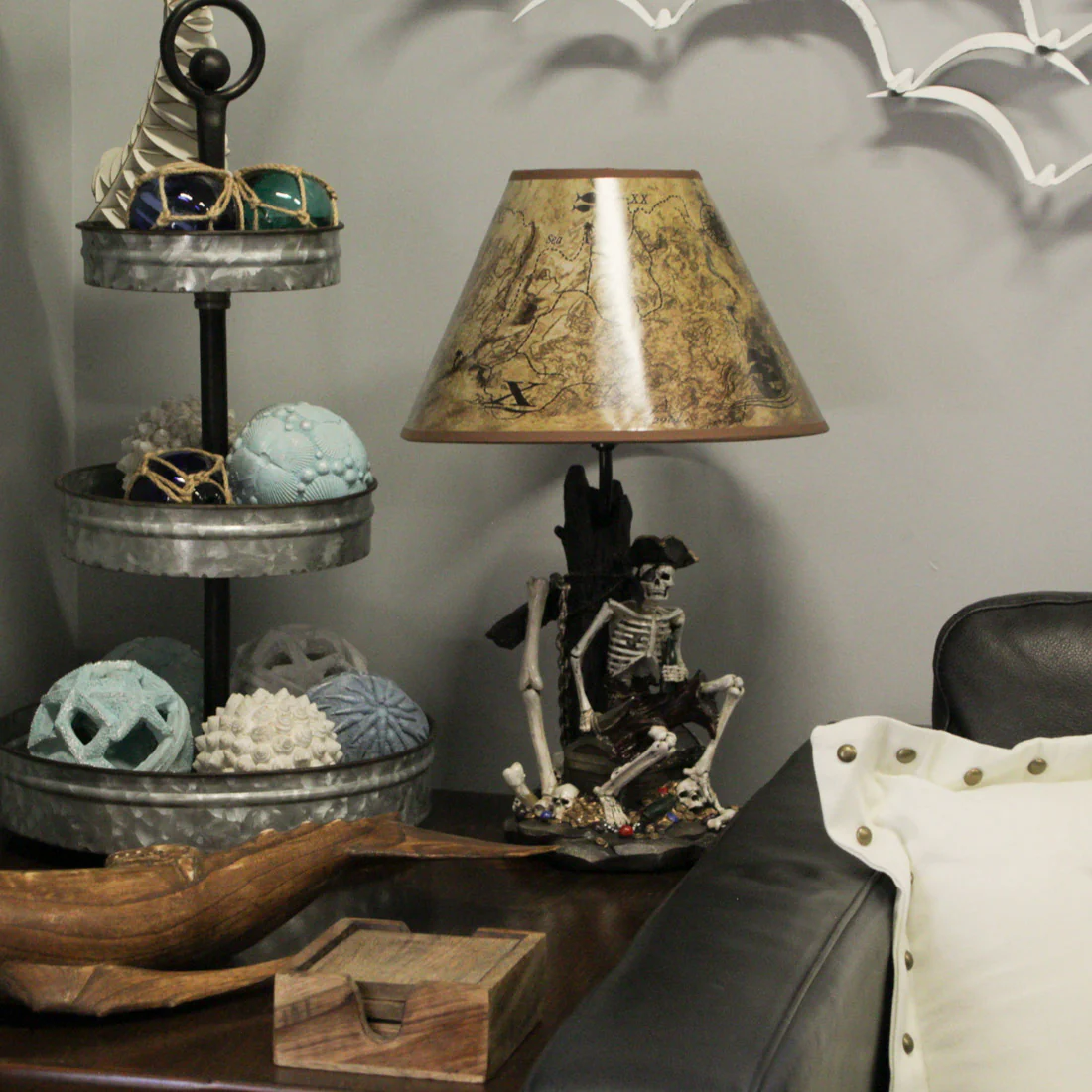 21 Inches Pirate Skeleton Caribbean Table Lamp With Treasure Map Shade Nautical Desk Light Beach Home Decor - Image 7