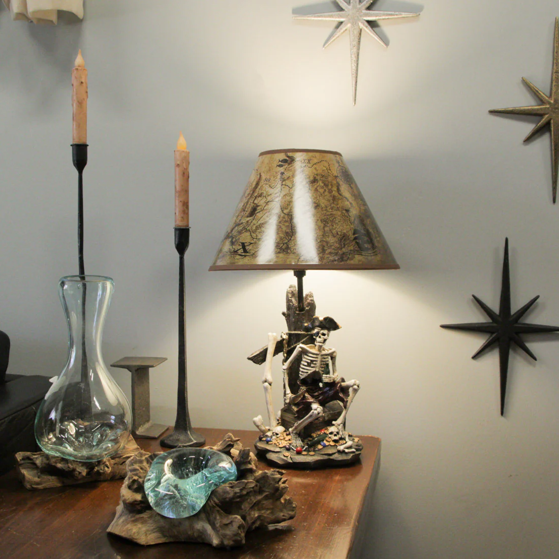 21 Inches Pirate Skeleton Caribbean Table Lamp With Treasure Map Shade Nautical Desk Light Beach Home Decor - Image 8