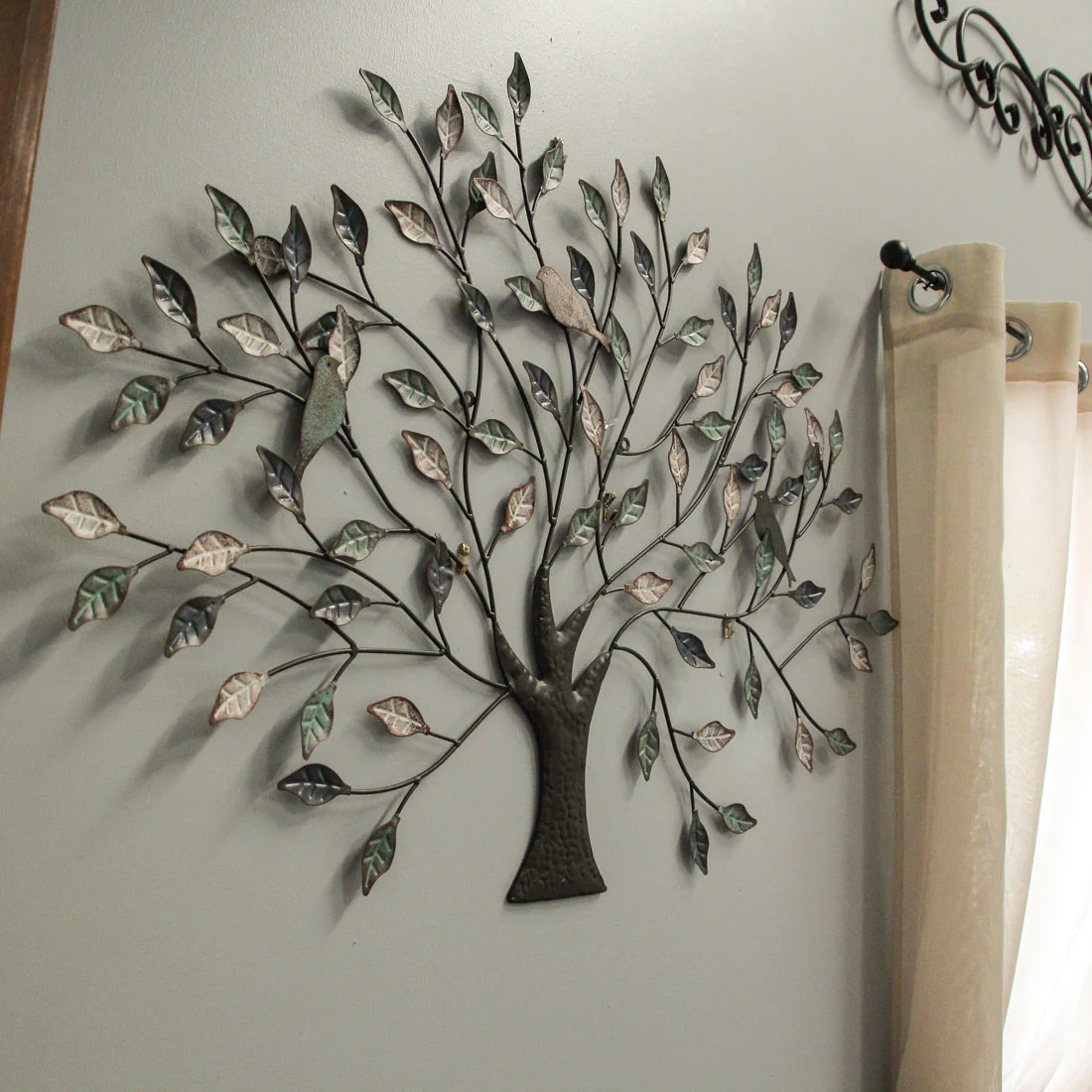 36 inch Tri Tone Leaves Birds In Branches Metal Tree Indoor Outdoor Wall Hanging - Lite Weight - Image 5