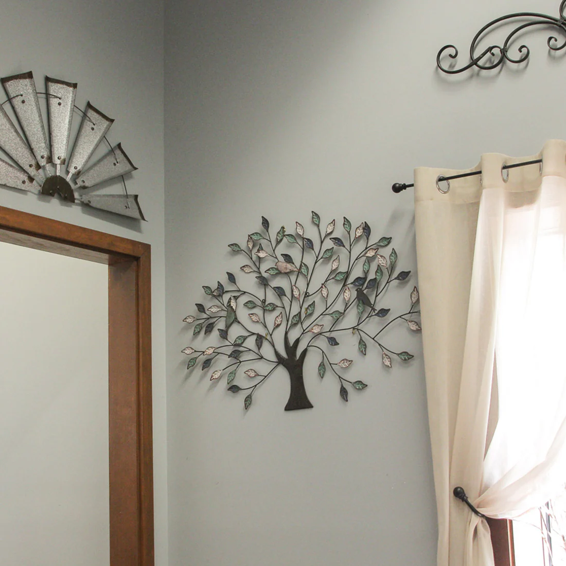 36 inch Tri Tone Leaves Birds In Branches Metal Tree Indoor Outdoor Wall Hanging - Lite Weight - Image 6