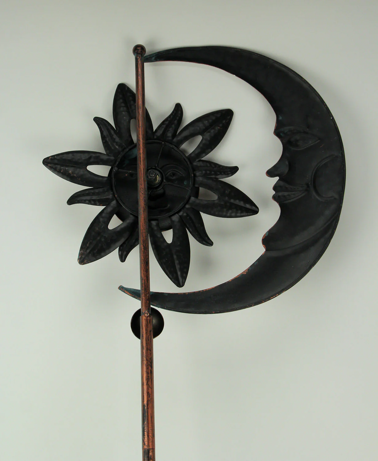 Verdigris Patina Copper Finish Celestial Sun and Moon Garden Wind Pinwheel Stake - Image 3
