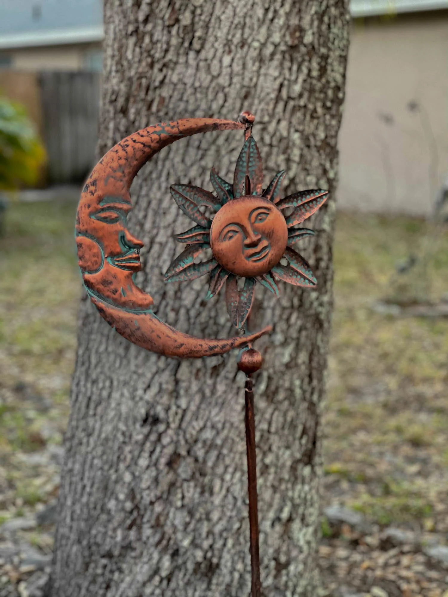 Verdigris Patina Copper Finish Celestial Sun and Moon Garden Wind Pinwheel Stake - Image 5