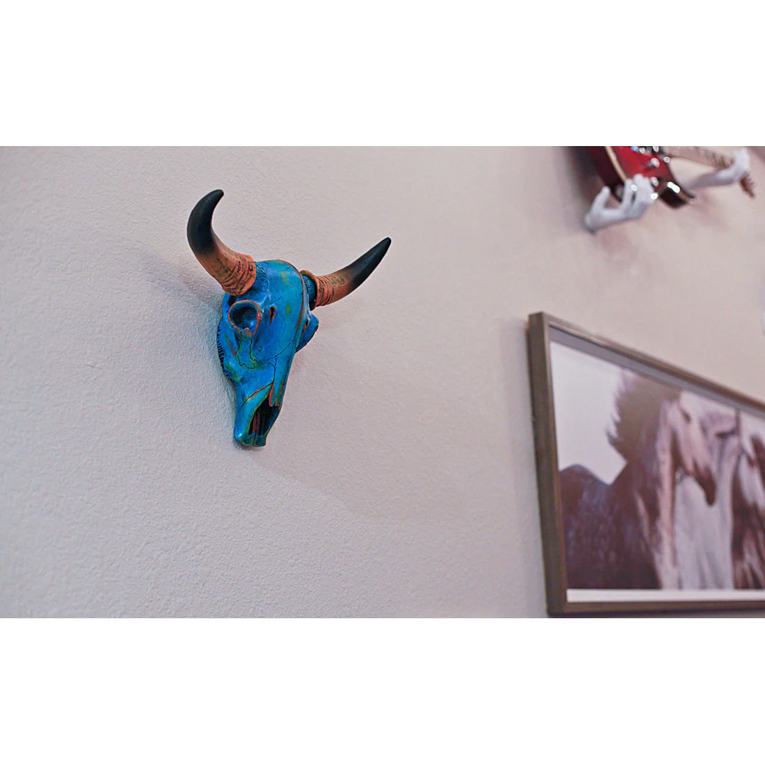 13 Inch Southwestern Turquoise Blue Painted Finish Steer Skull Wall Hanging - Image 5