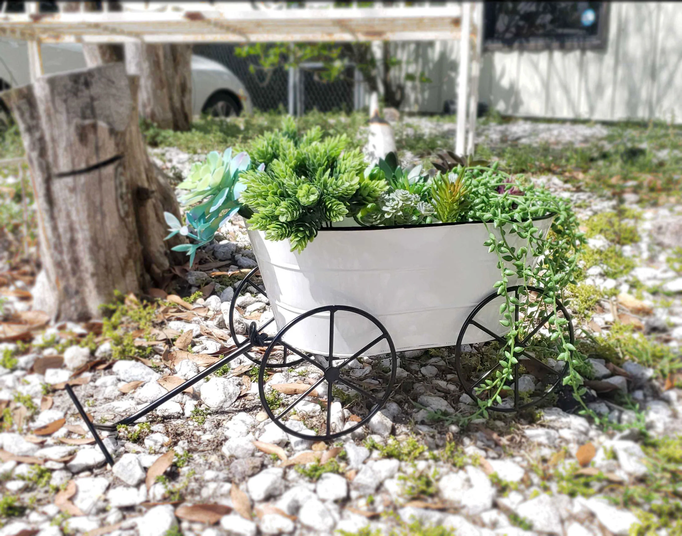 White Enamelware Decorative Metal Farmhouse Wagon Garden Planter - Image 6