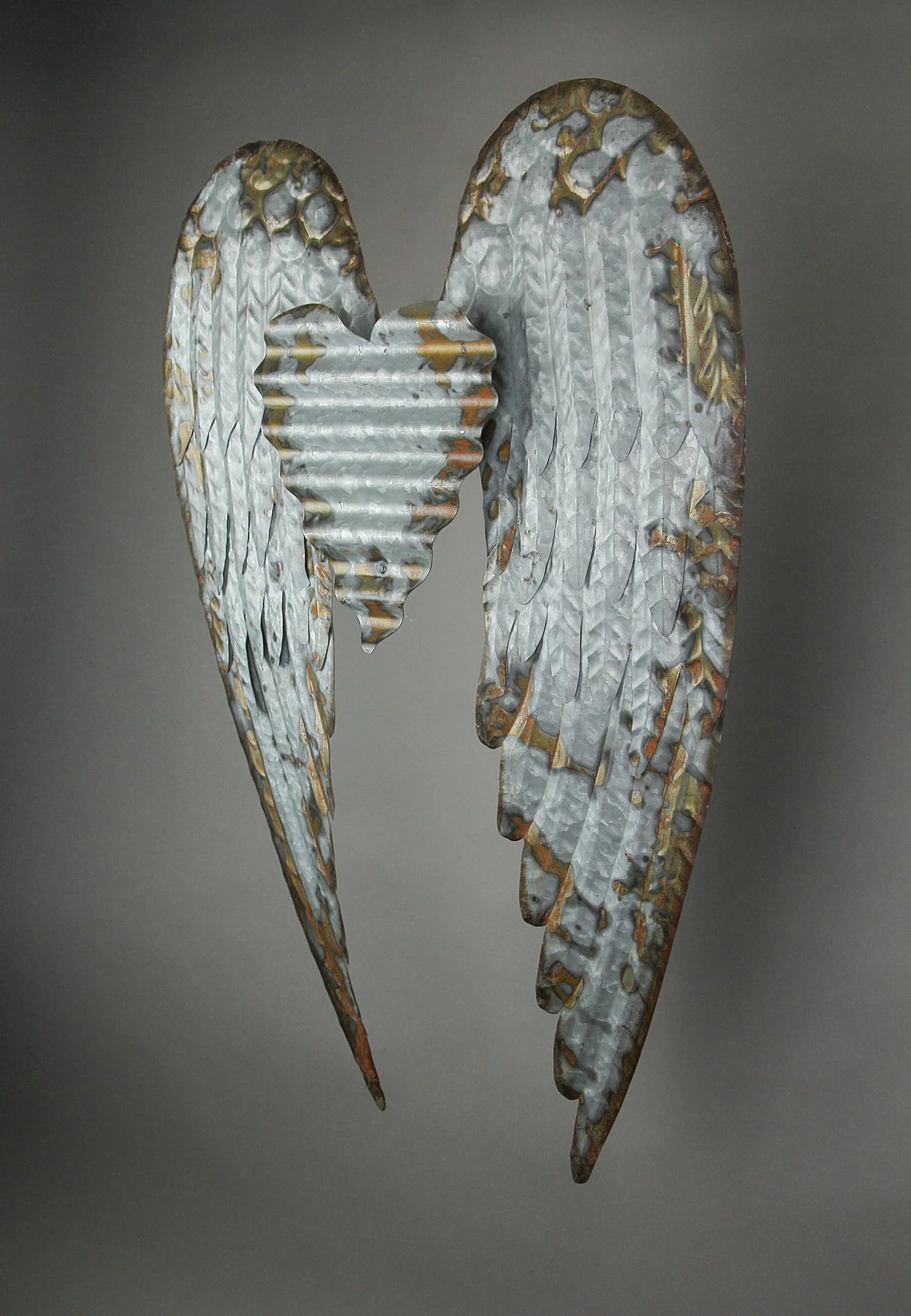 Rustic Galvanized Stamped Metal Art Angel Wings Heart Decorative Wall Sculpture 27.5 Inches High - Image 3