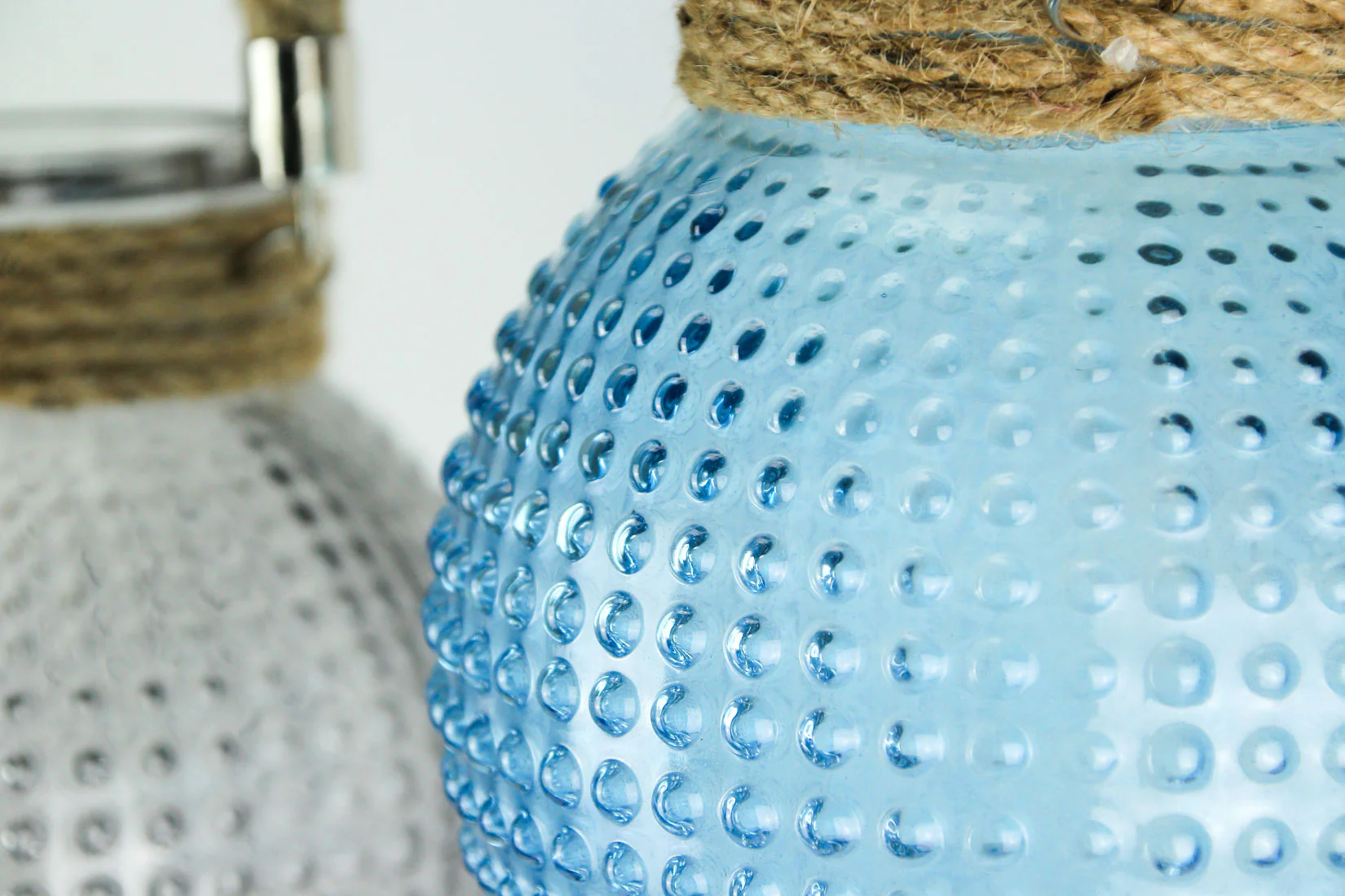Set of 3 Hobnail Beaded Glass 6.5 Inch Tall Tealight Candle Lanterns with Rope Handles Mid Century Modern Rustic Light Holders - Image 3