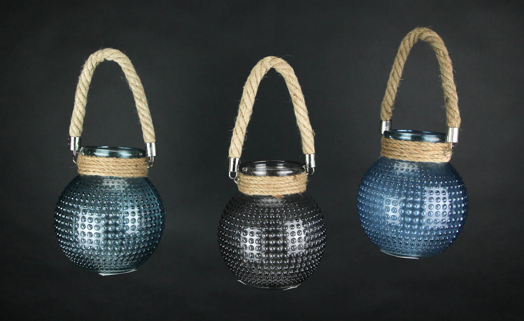 Set of 3 Hobnail Beaded Glass 6.5 Inch Tall Tealight Candle Lanterns with Rope Handles Mid Century Modern Rustic Light Holders - Image 4