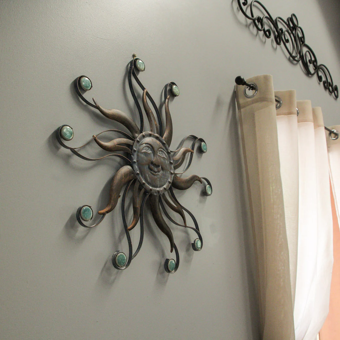 Antique Copper Finish Metal Sun Face Wall Hanging With Ceramic Bead Accents - Image 6