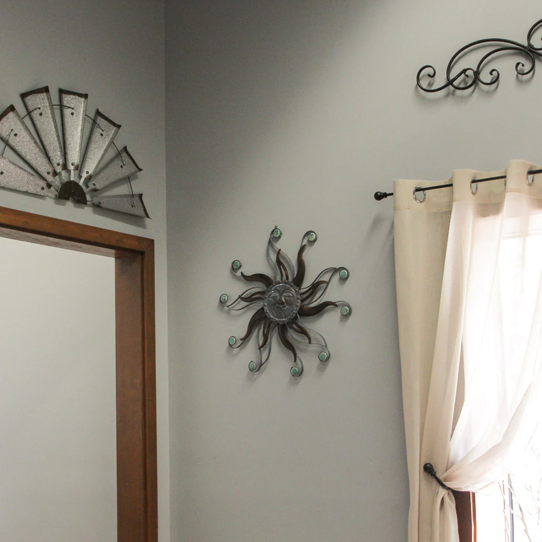 Antique Copper Finish Metal Sun Face Wall Hanging With Ceramic Bead Accents - Image 7