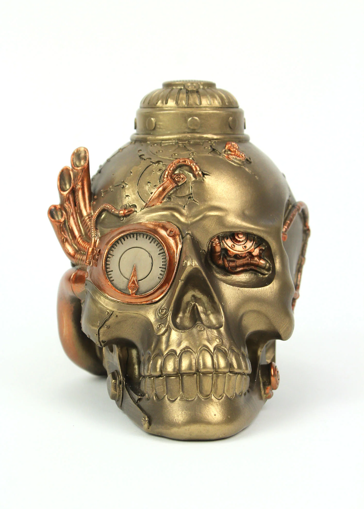 Antique Bronze Finish Steampunk Cyborg Human Skull Tabletop Statue 7 Inches Long - Image 3