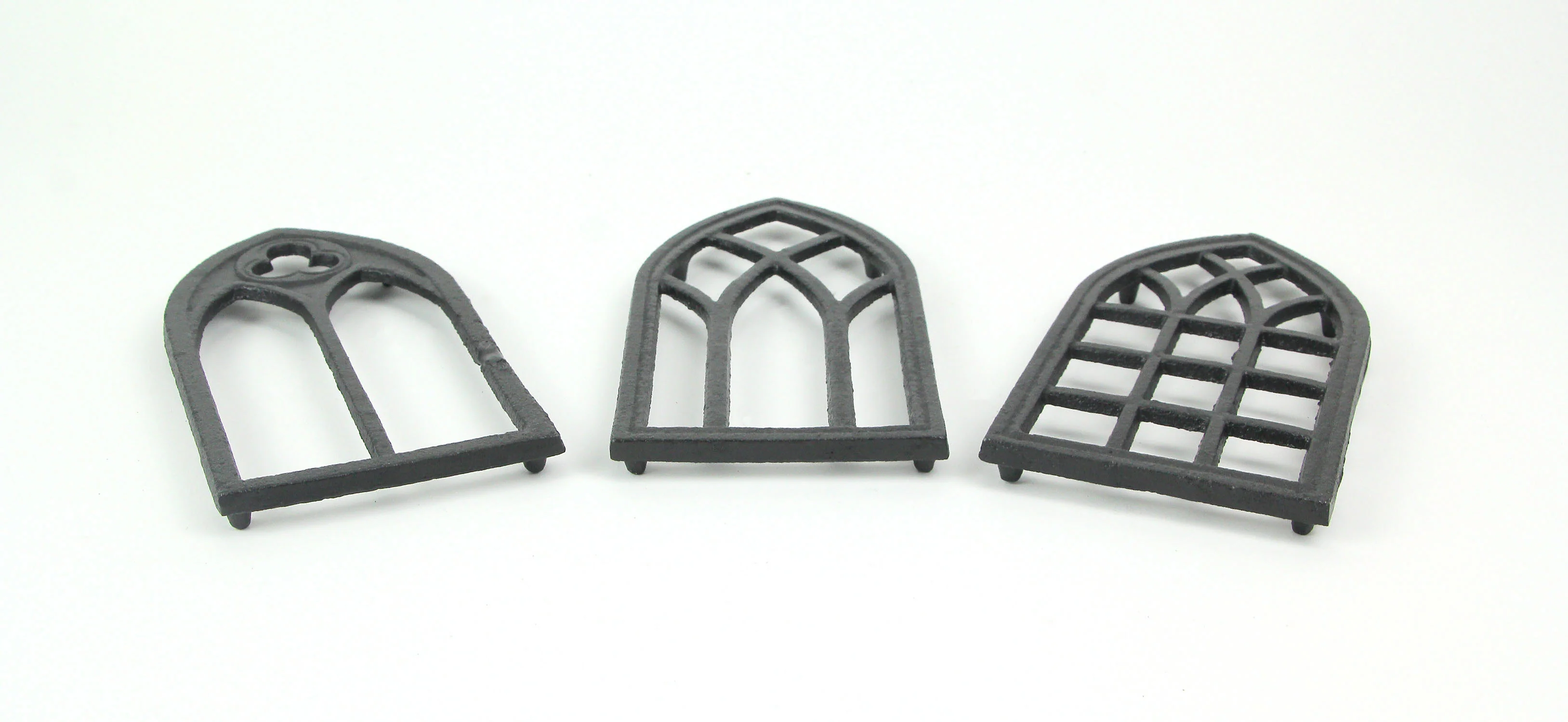 Set of 3 Black Cast Iron Gothic Cathedral Window Design Kitchen Trivets Decorative Wall Hangings - Image 3