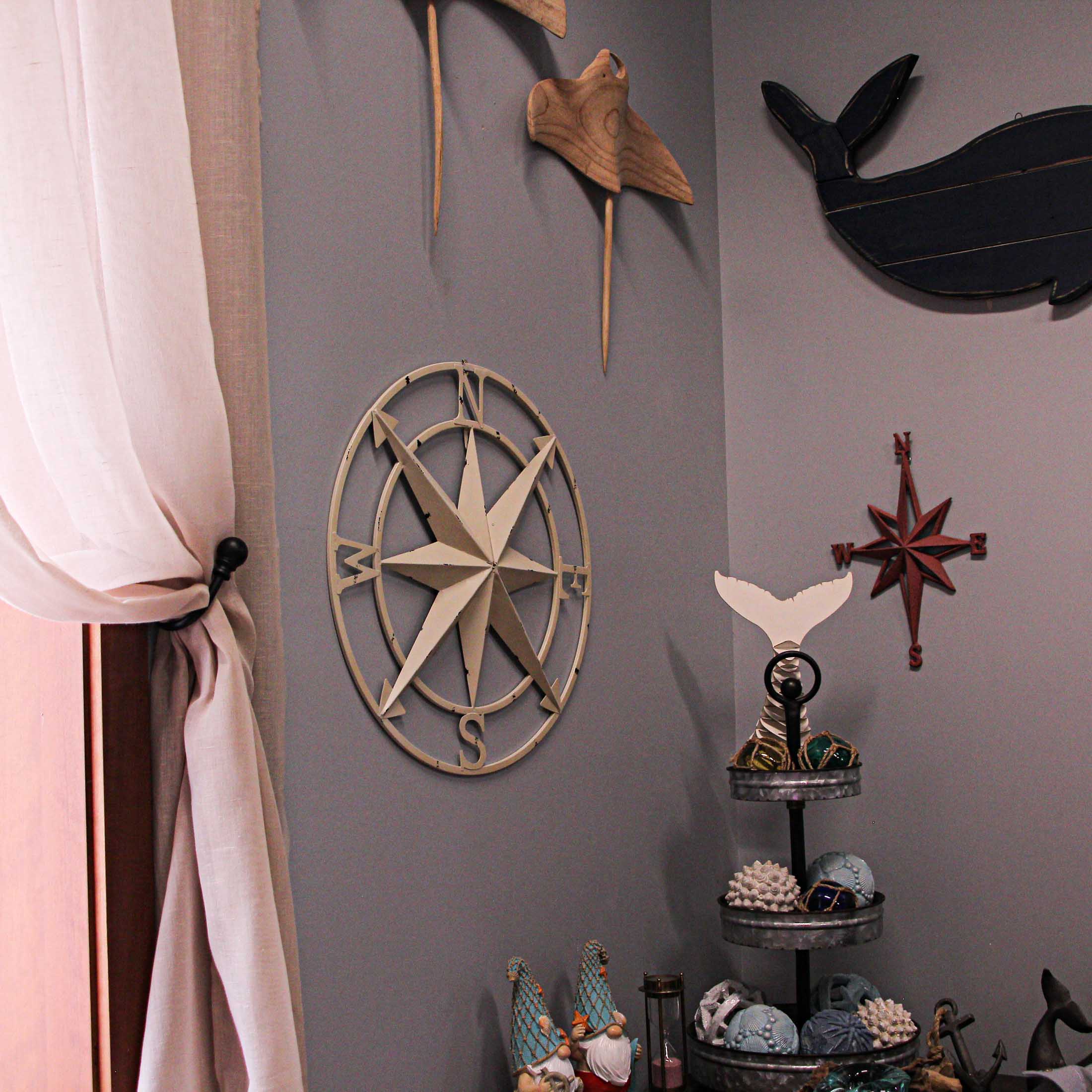 Antiqued White Indoor Outdoor Metal Nautical Compass Rose Wall Sculpture 20.5 Inch Diameter - Image 5