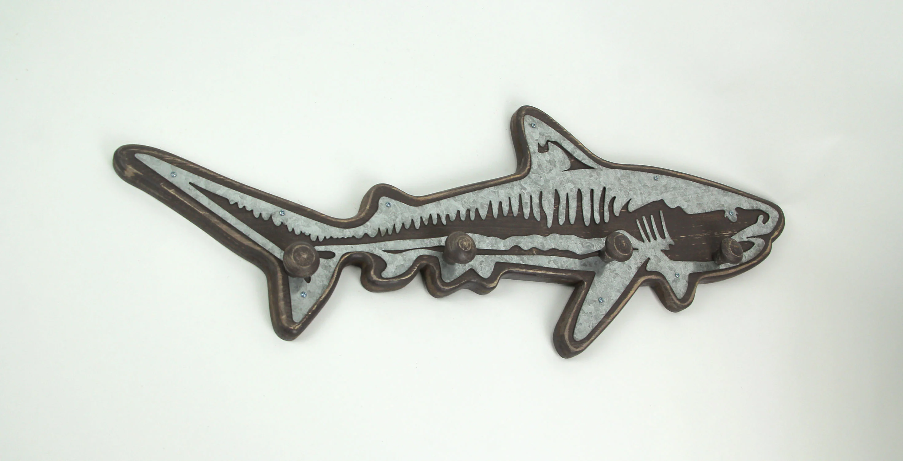 33 Inch Distressed Wood Shark Wall Hook Rack With Metal Accents Decorative Ocean Art Sculpture - Image 3