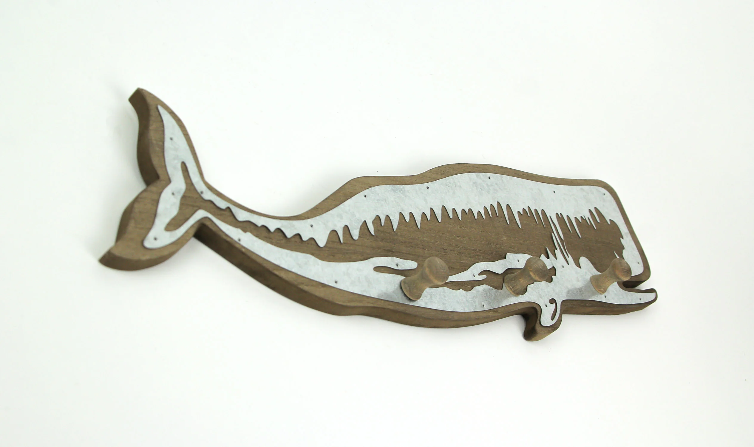 21 Inches Distressed Wood Whale Wall Hook Rack With Metal Accents Decorative Ocean Art Sculpture - Image 3