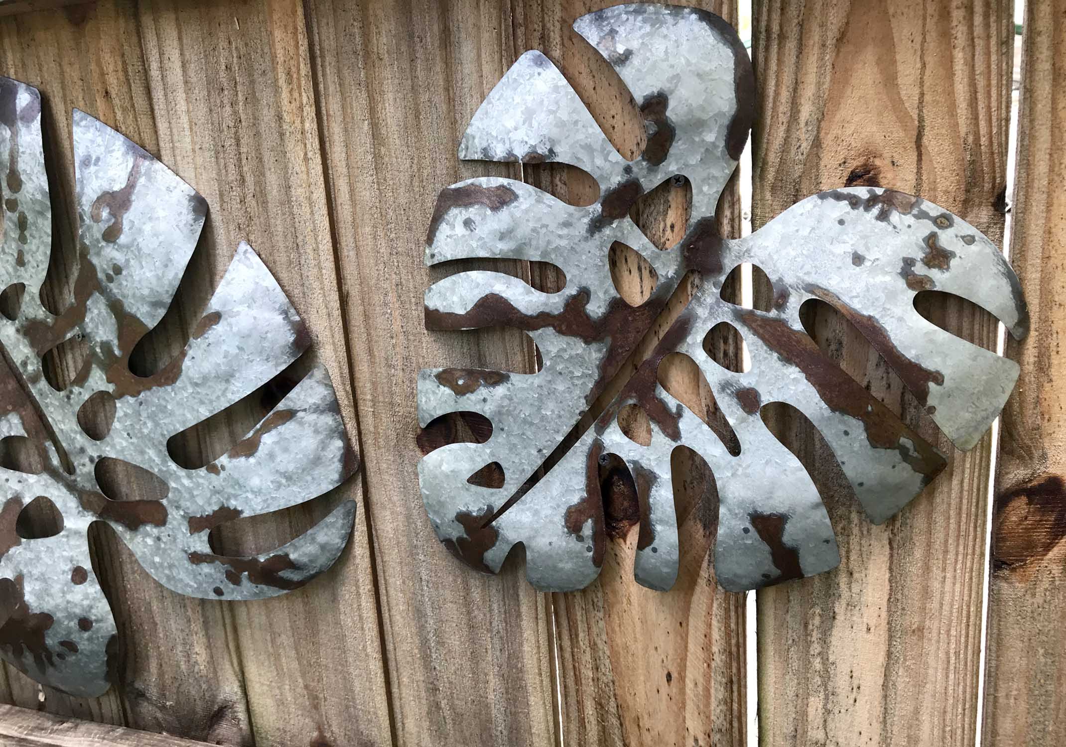 Set of 2 Galvanized Zinc Finish Metal Monstera Leaf Sculptures Wall Hanging Tropical Decor - Image 6