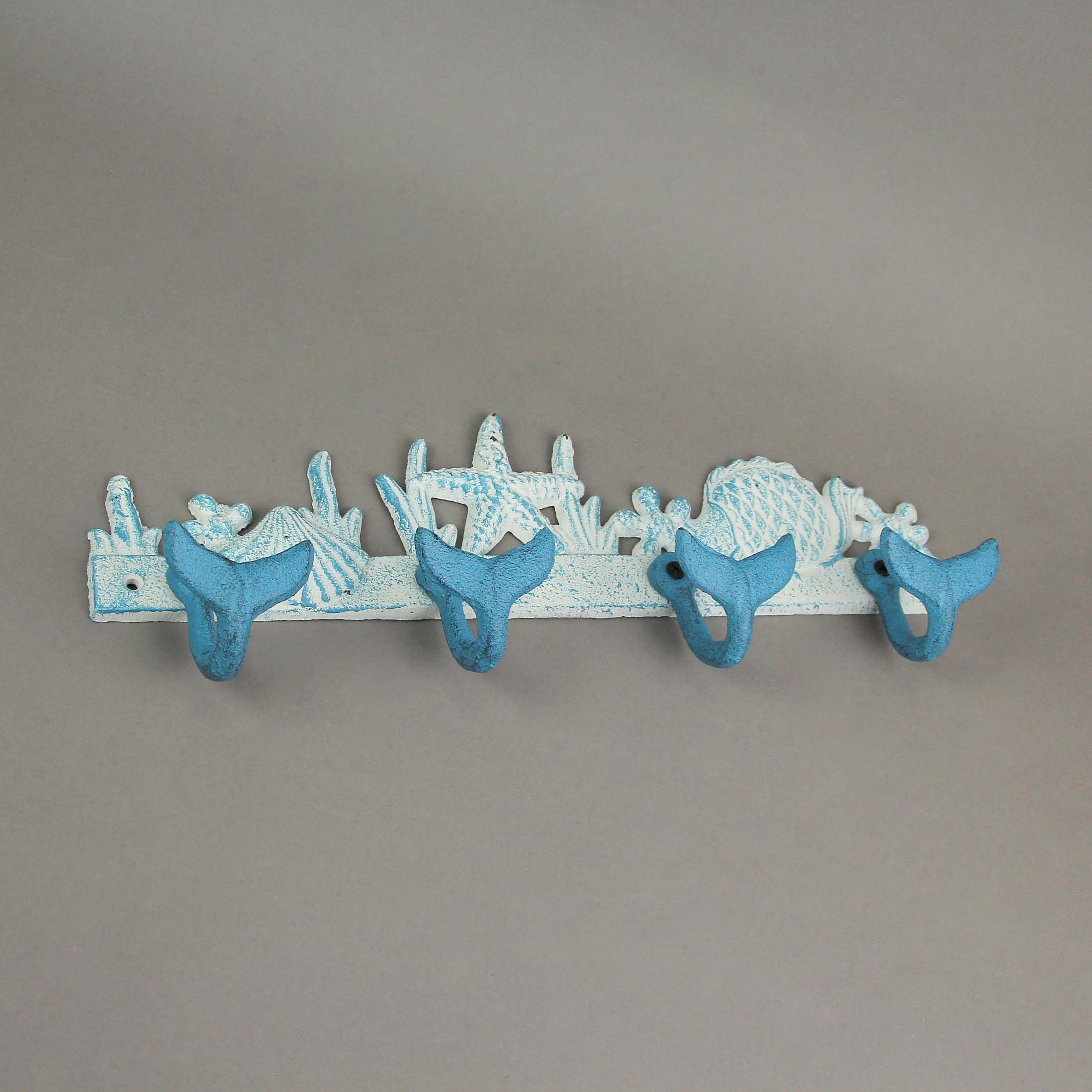 Blue And White Cast Iron Whale Tail Decorative Wall Hook Nautical Sea Life Hanging Rack - Image 4