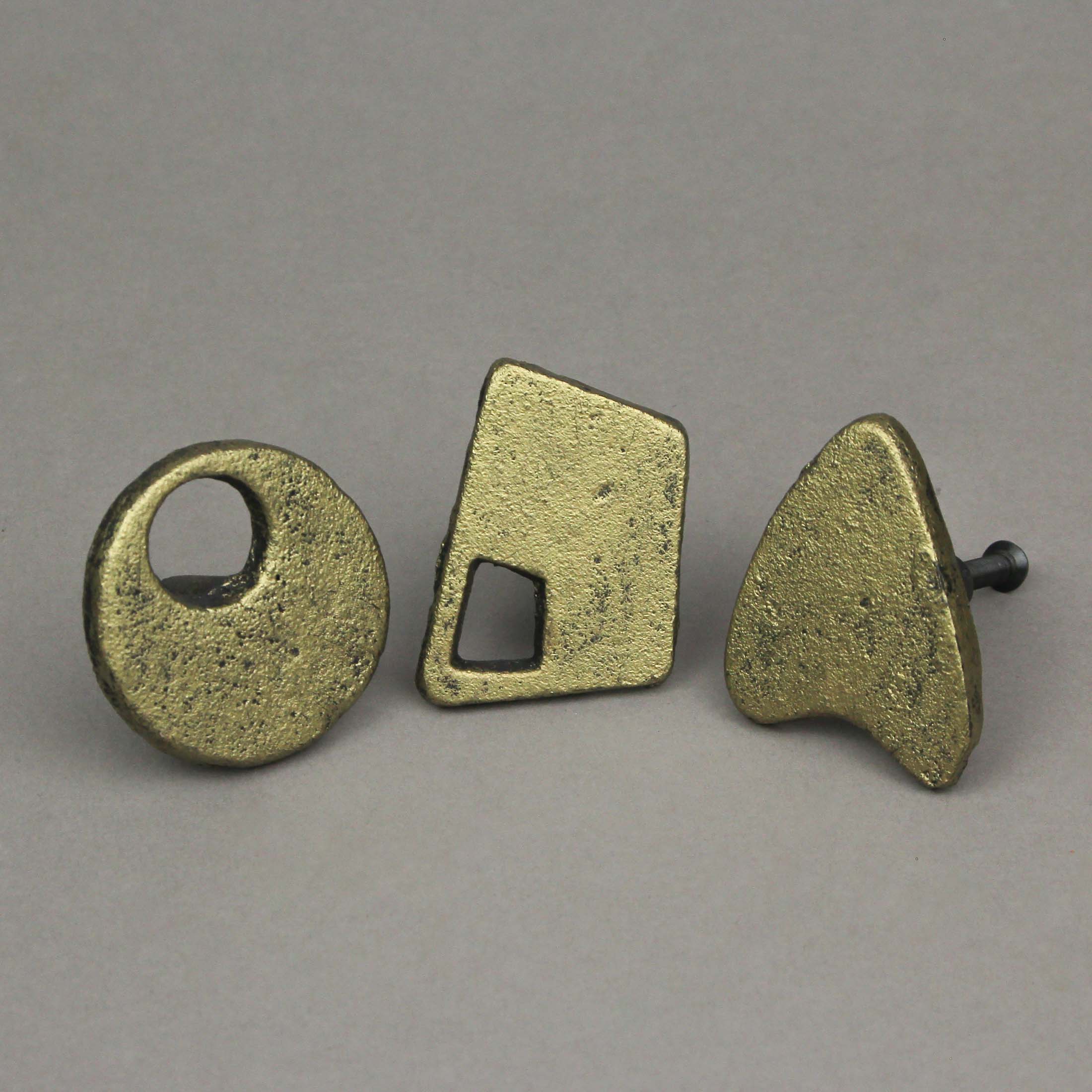 Set of 6 Antique Gold Finish Mid Century Modern Atomic Shape Cast Iron Drawer Pull Cabinet Knobs - Image 12