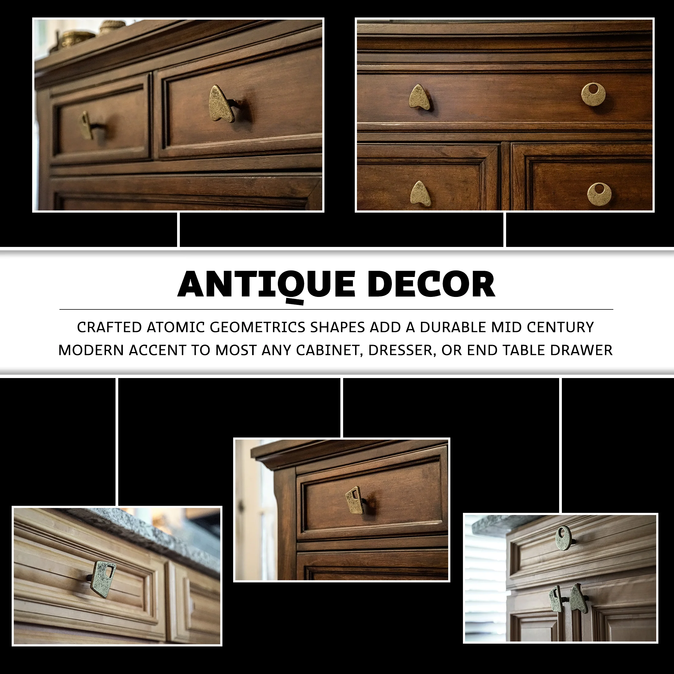 Set of 6 Antique Gold Finish Mid Century Modern Atomic Shape Cast Iron Drawer Pull Cabinet Knobs - Image 3