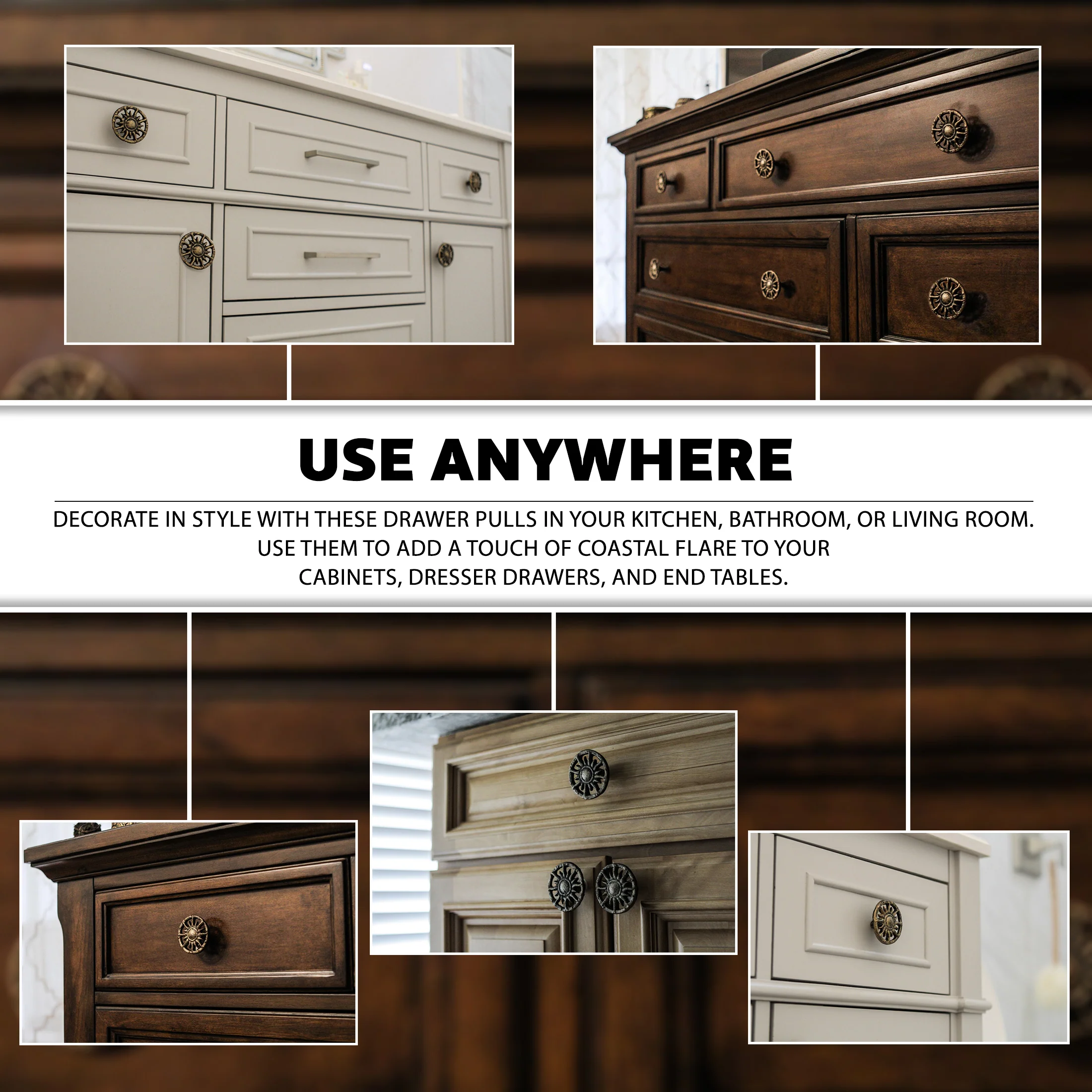 Set of 6 Antique Finish Golden Sun Cast Iron Drawer Pulls Decorative Cabinet Knob Home Decor - Image 3