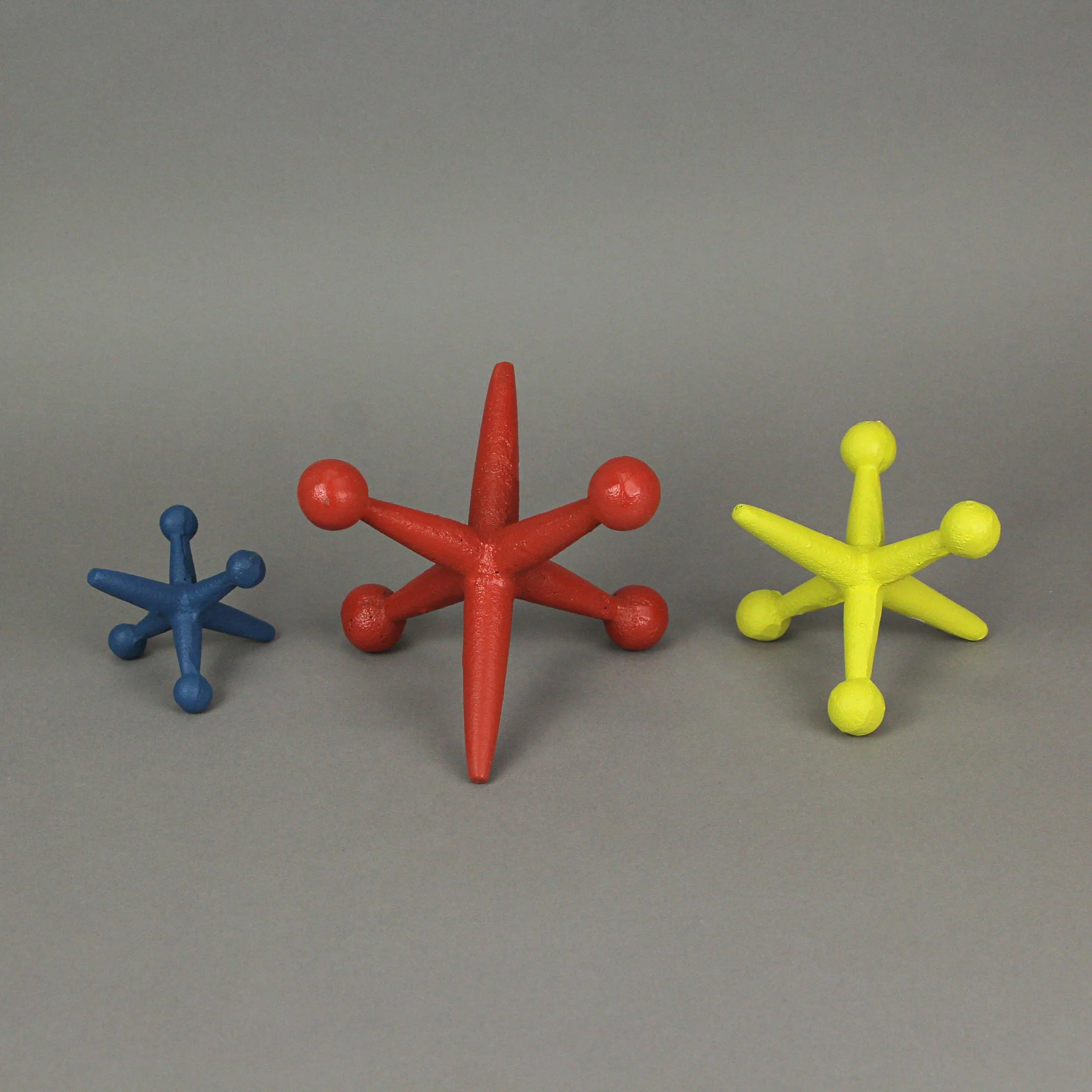 Set of 3 Red Blue Yellow Enamel Painted Cast Iron Decorative Jack Accent Sculpture Decor - Image 4