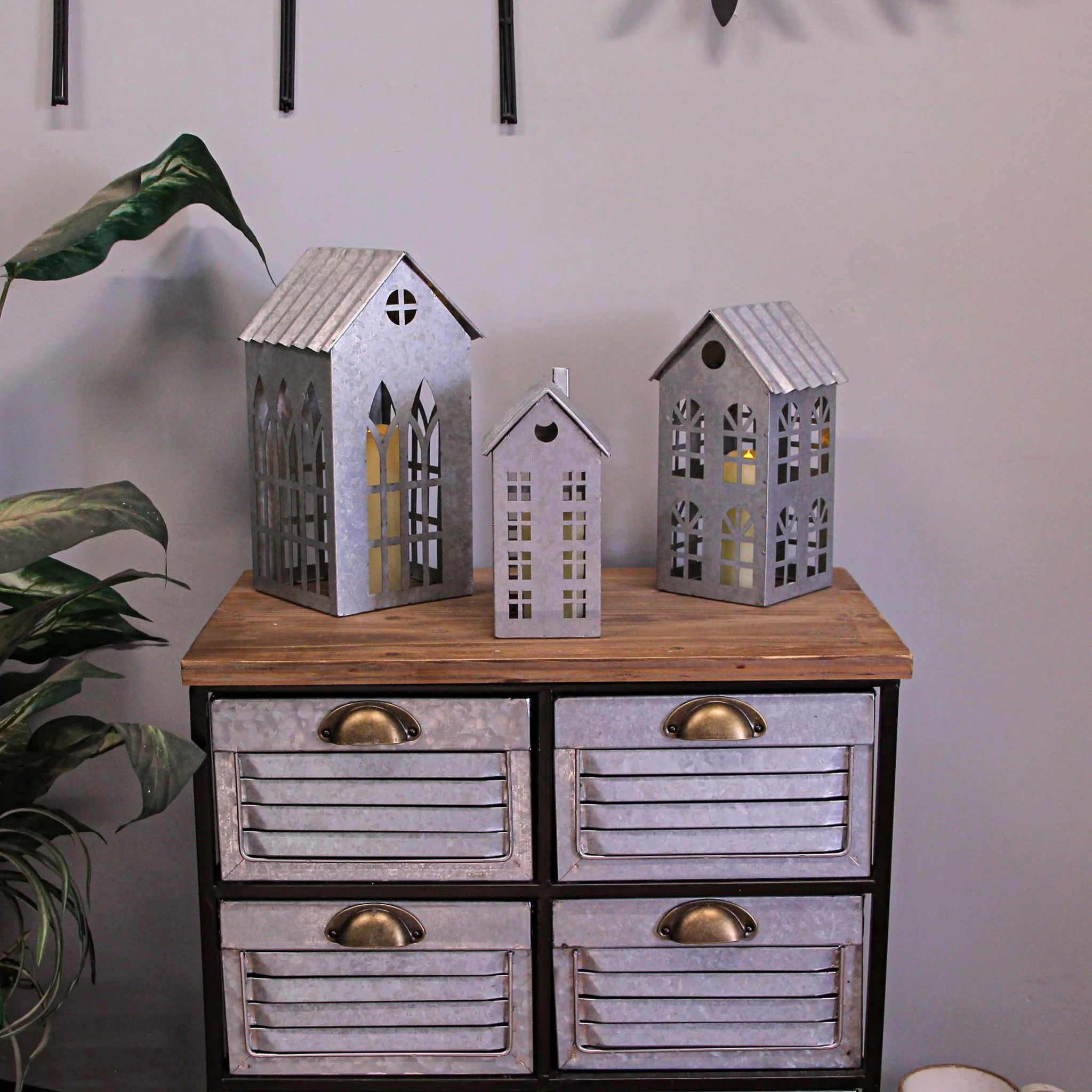 Set of 3 Rustic Country Farmhouse White Metal House Shaped Candle Holders - Image 11