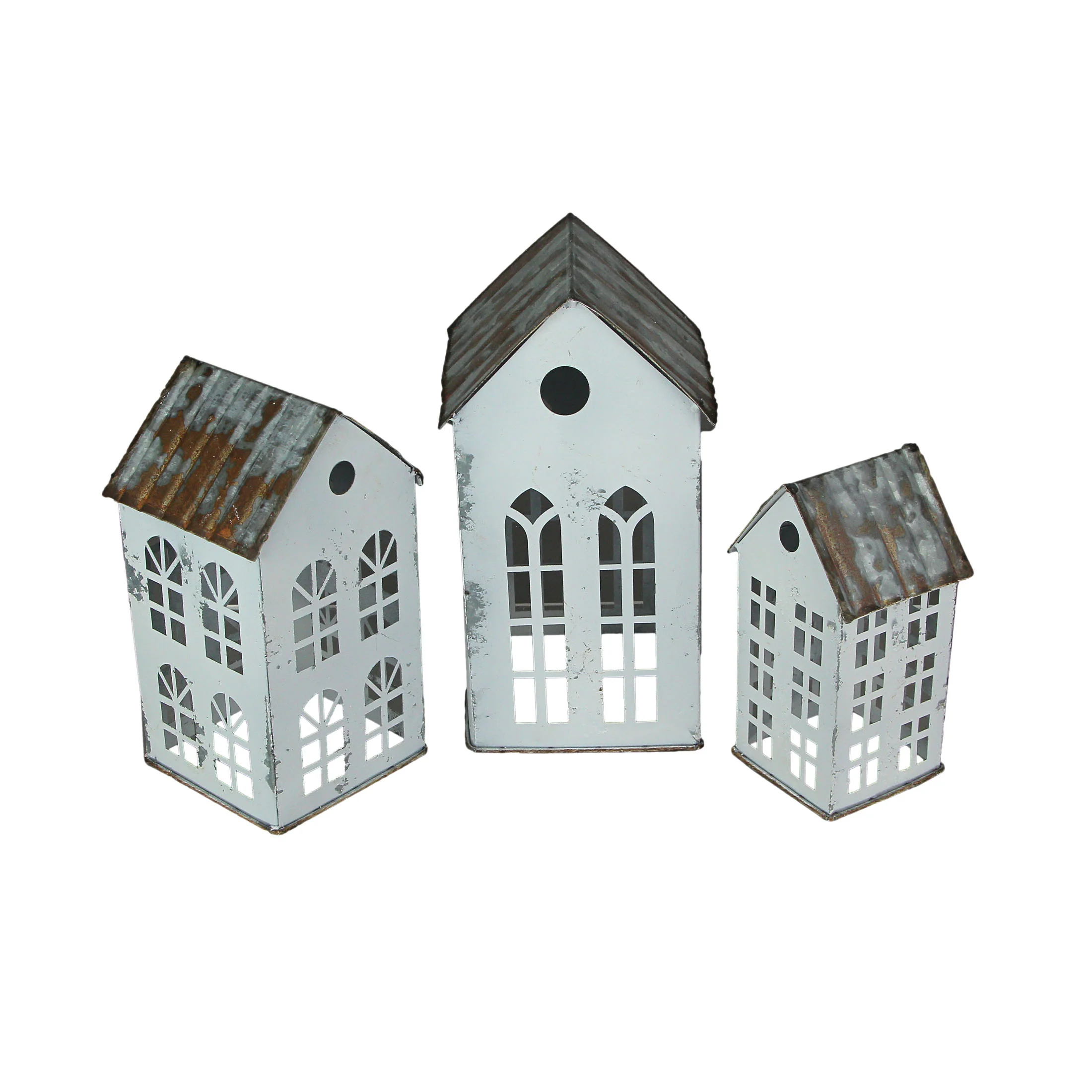Set of 3 Rustic Country Farmhouse White Metal House Shaped Candle Holders - Image 4
