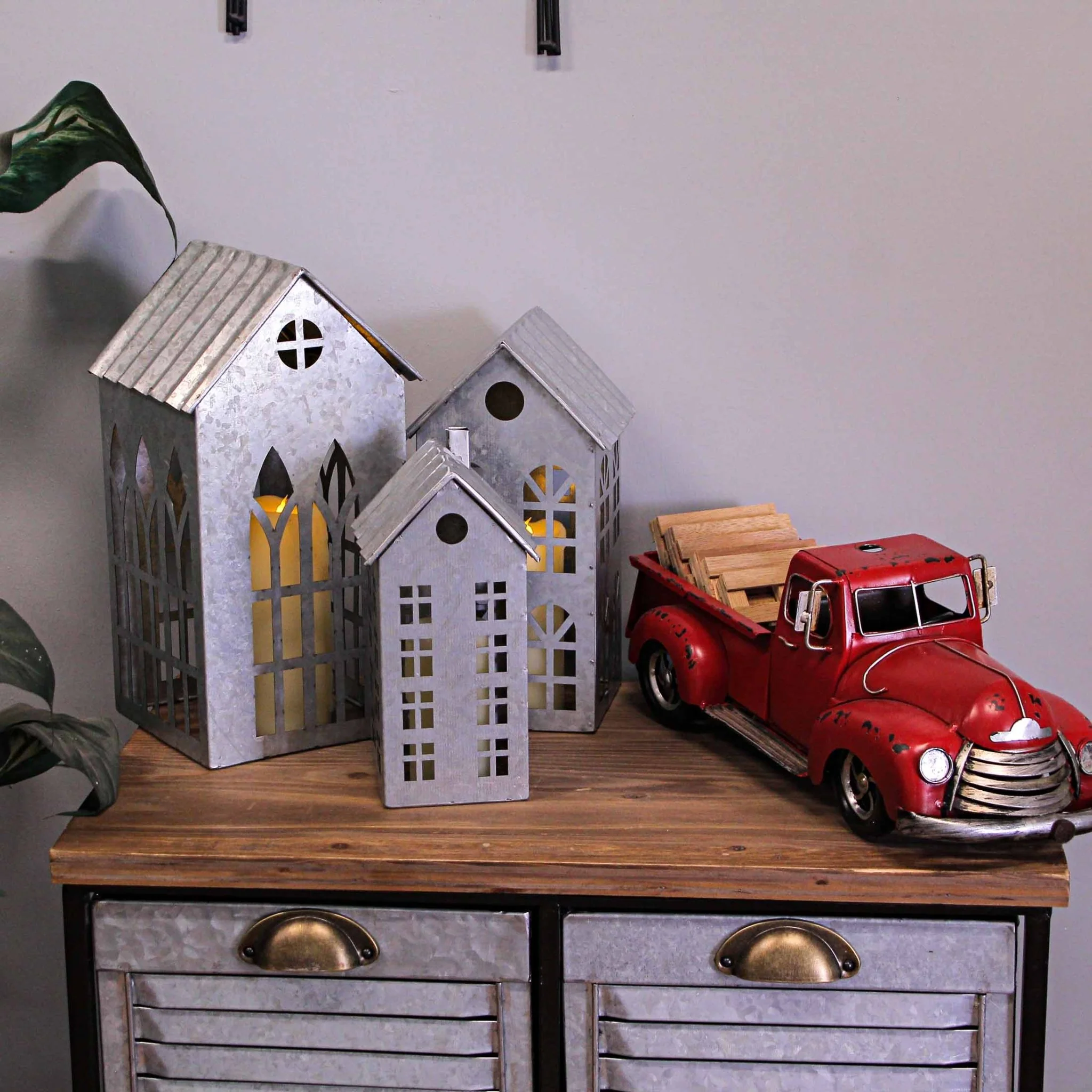 Set of 3 Rustic Country Farmhouse White Metal House Shaped Candle Holders - Image 8