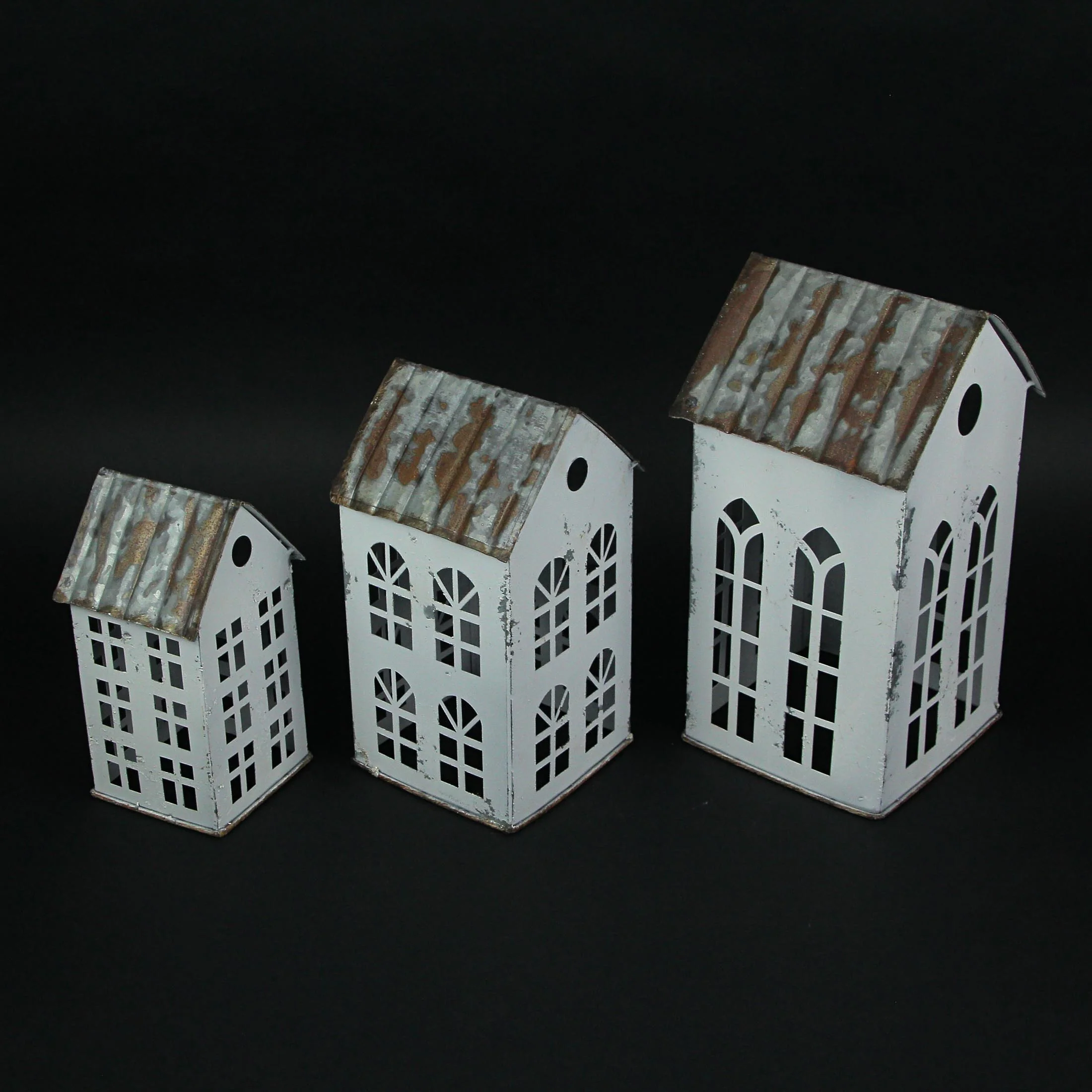 Set of 3 Rustic Country Farmhouse White Metal House Shaped Candle Holders - Image 9