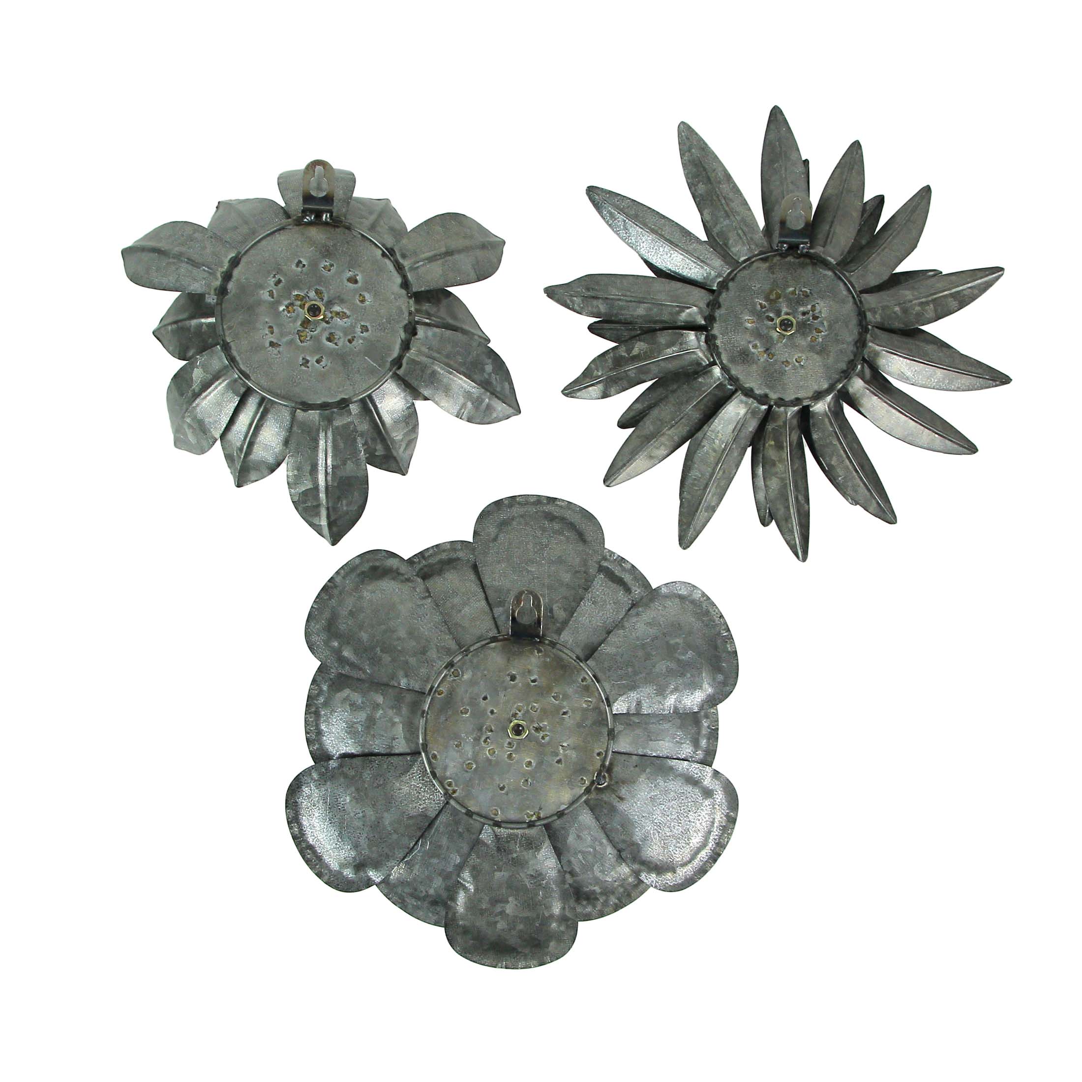 Set of 3 Galvanized Metal Flower Sculptures Wall Hanging Home Decor Floral Art - Image 3