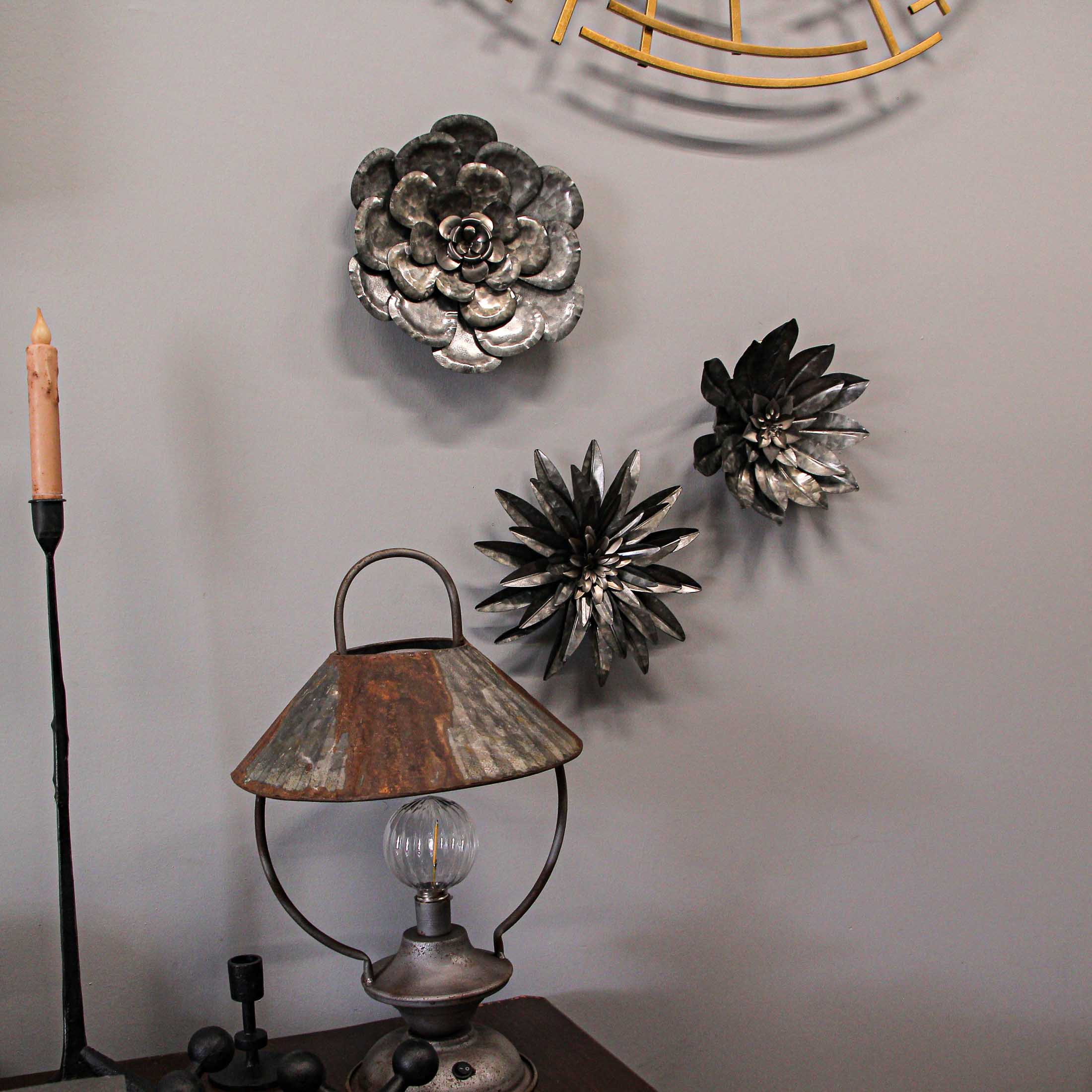Set of 3 Galvanized Metal Flower Sculptures Wall Hanging Home Decor Floral Art - Image 5