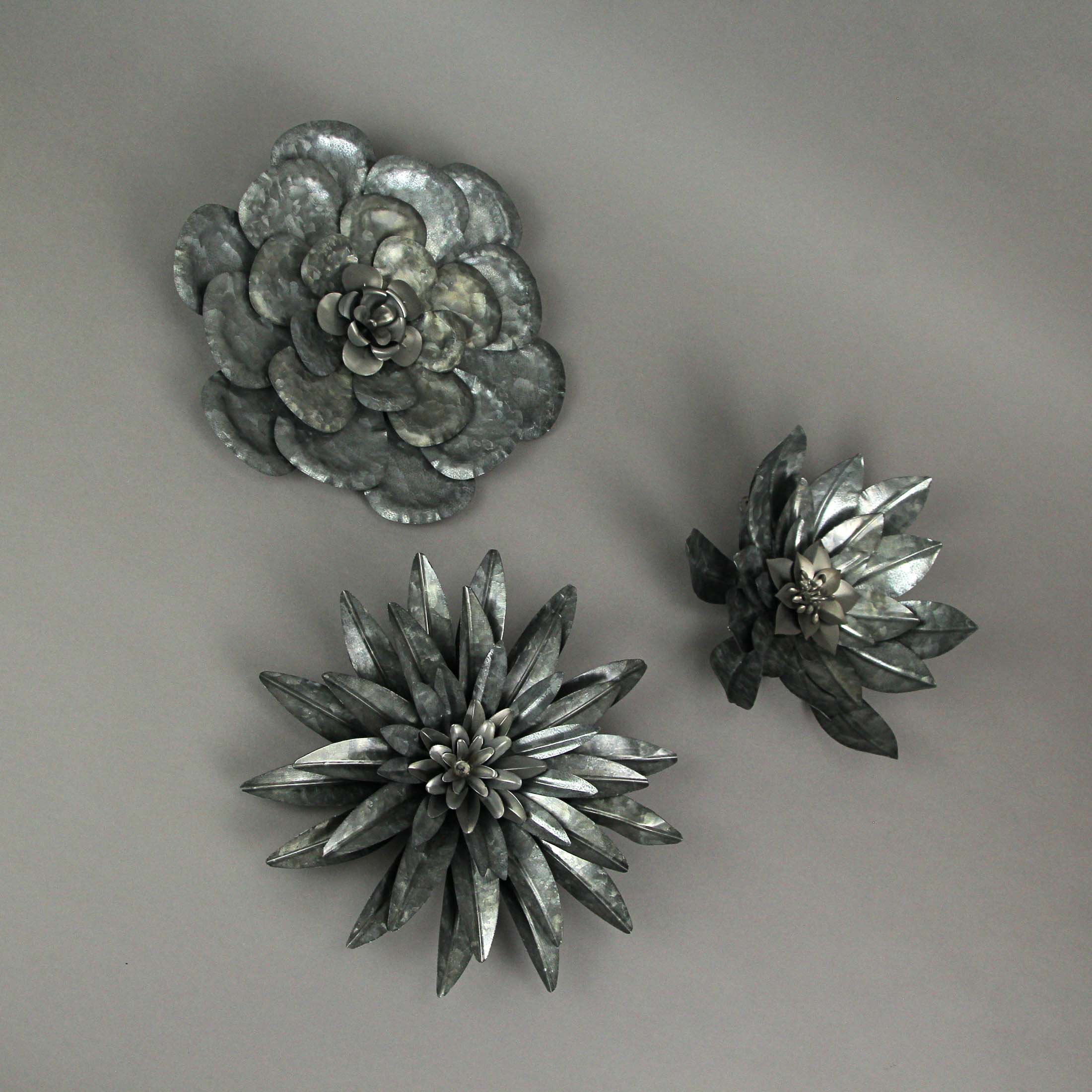 Set of 3 Galvanized Metal Flower Sculptures Wall Hanging Home Decor Floral Art - Image 6
