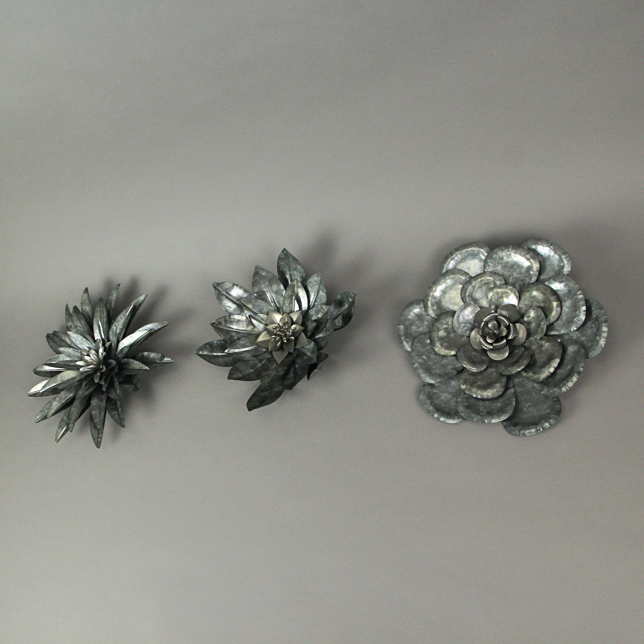Set of 3 Galvanized Metal Flower Sculptures Wall Hanging Home Decor Floral Art - Image 7
