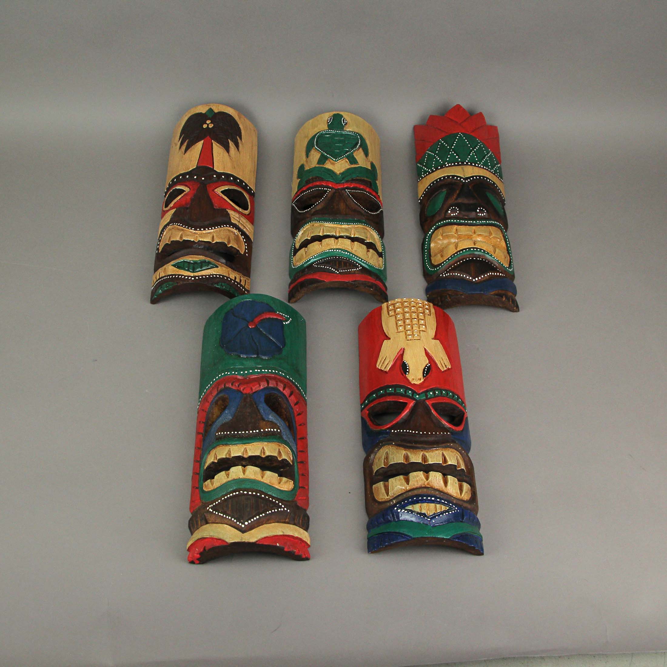 Set of Five 12 Inch High Handcrafted Island Style Wall Mount Wooden Wall Masks - Image 5