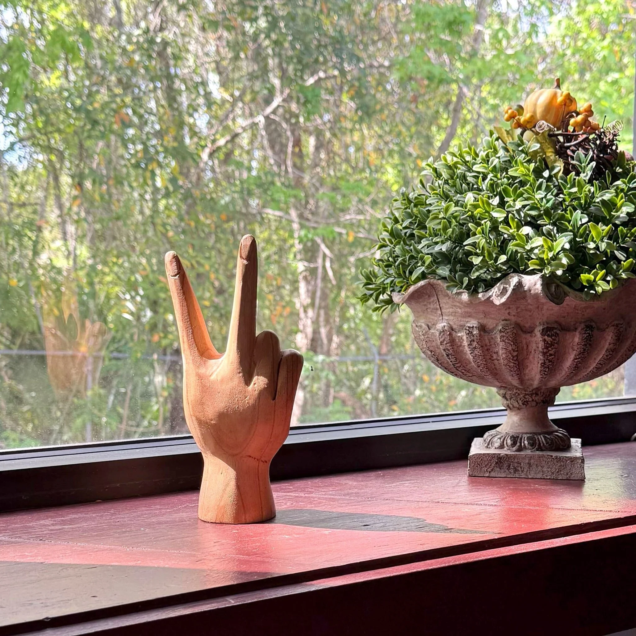 Carved Wooden Peace Sign Hand Gesture Statue Natural Finish 7.75 Inches High - Image 5